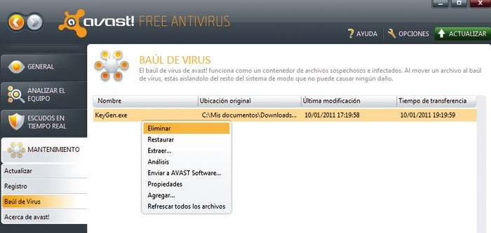 Antivirus Avast! cuarentena